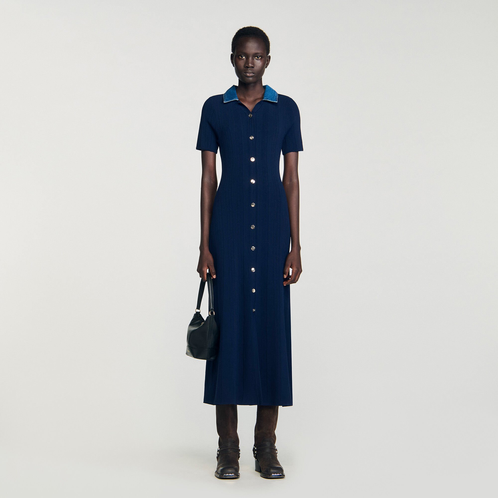 Lange jurk tricot denim kraag