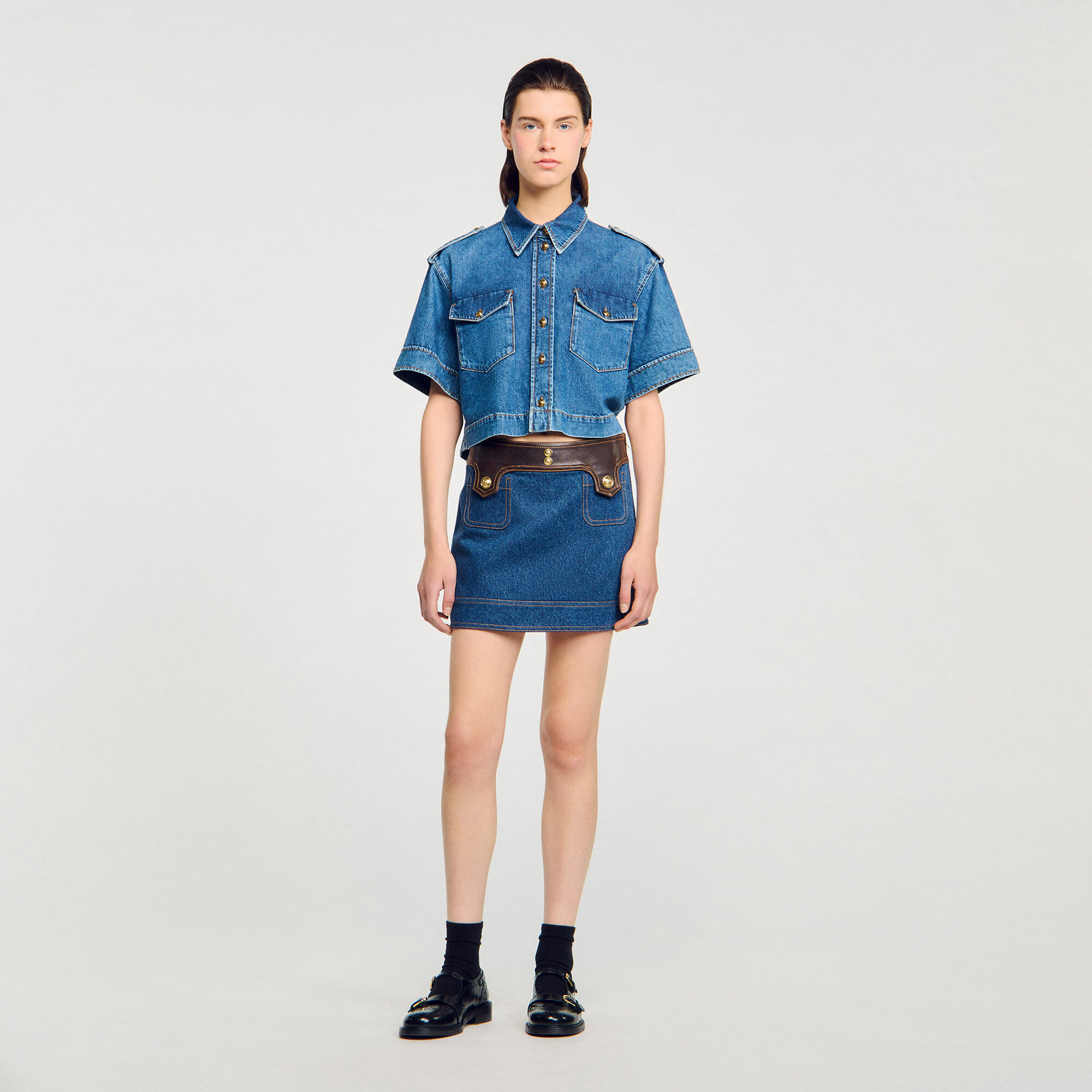 Korte rok denim en leer