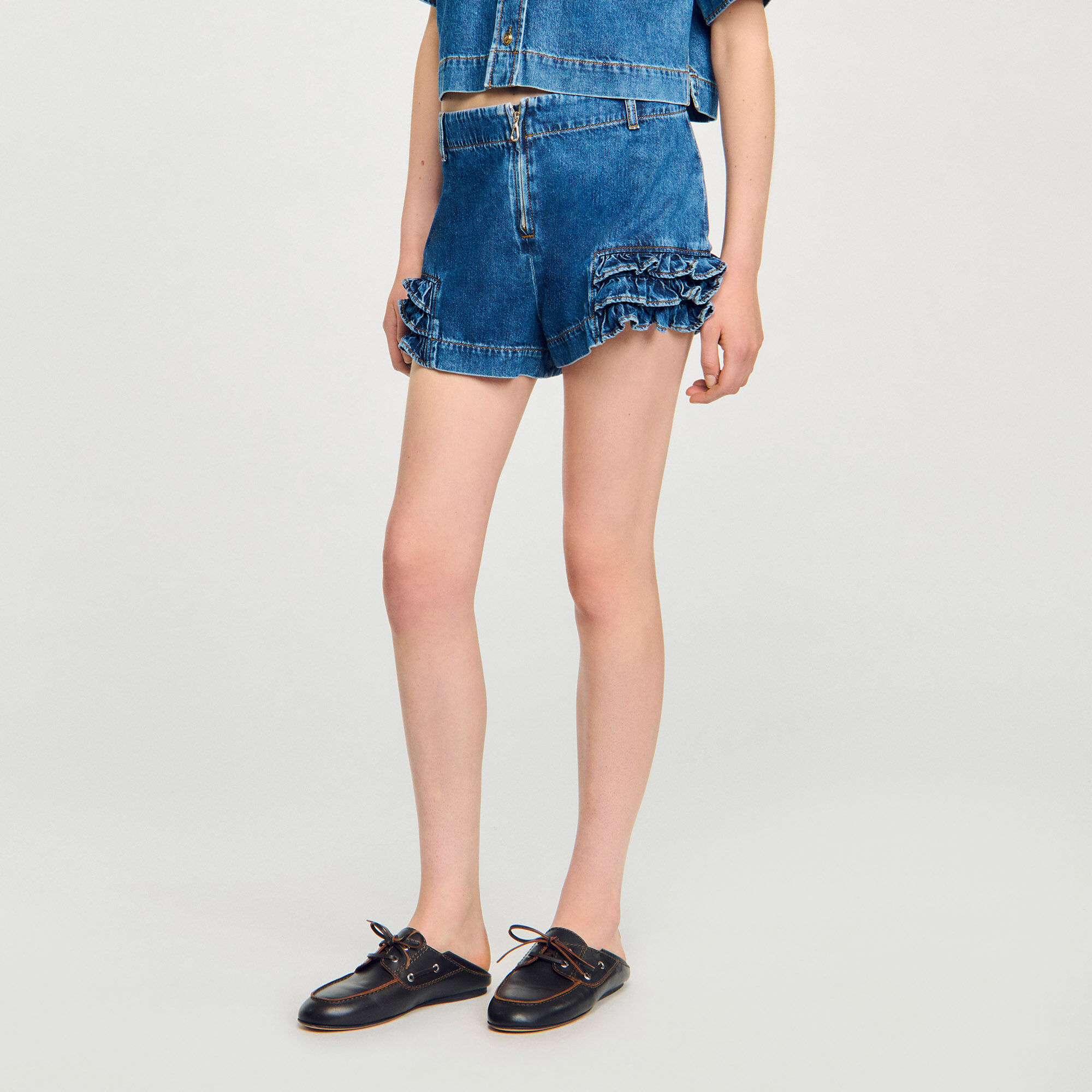 Denim short met volants