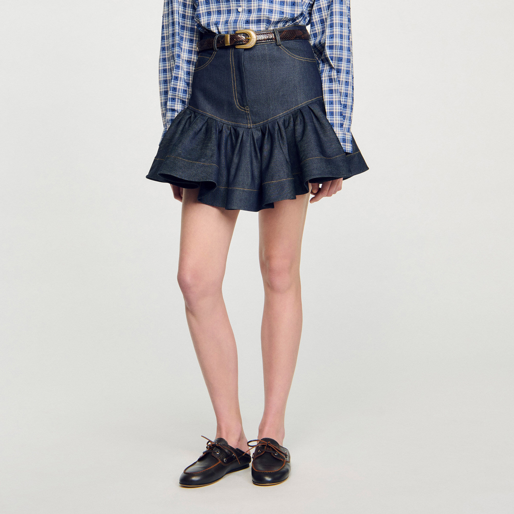 Korte denim rok met volants