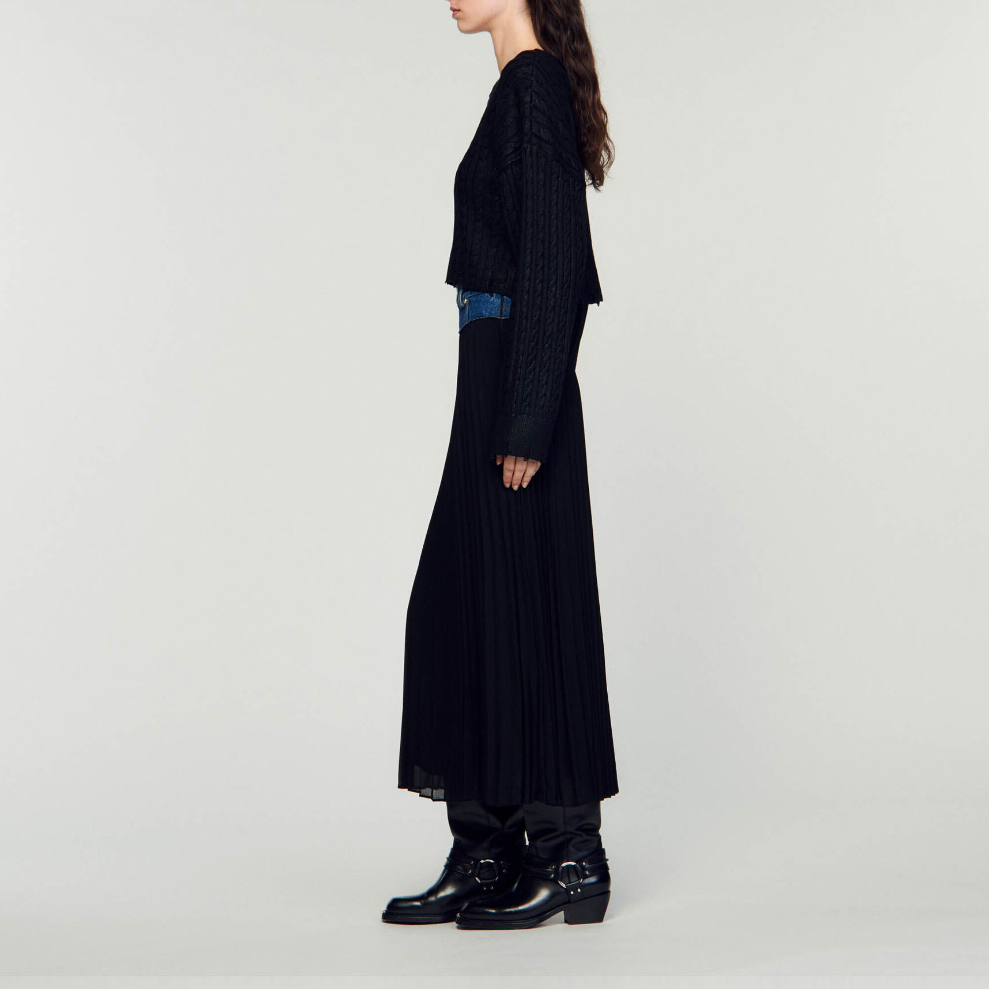 Lange plooirok met denim