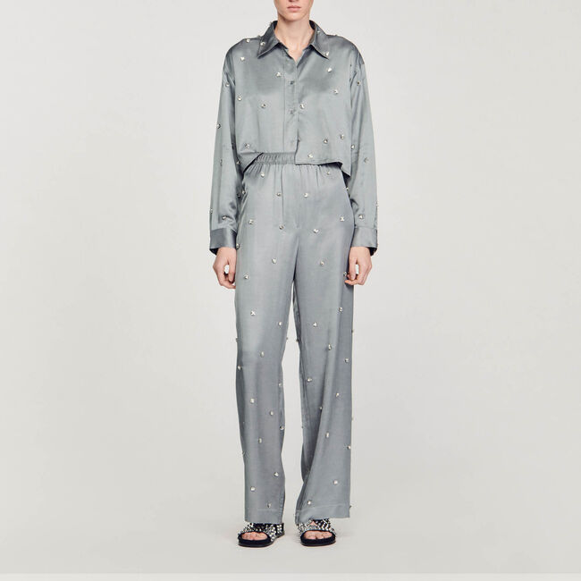 Satijnachtige overhemdblouse met stras