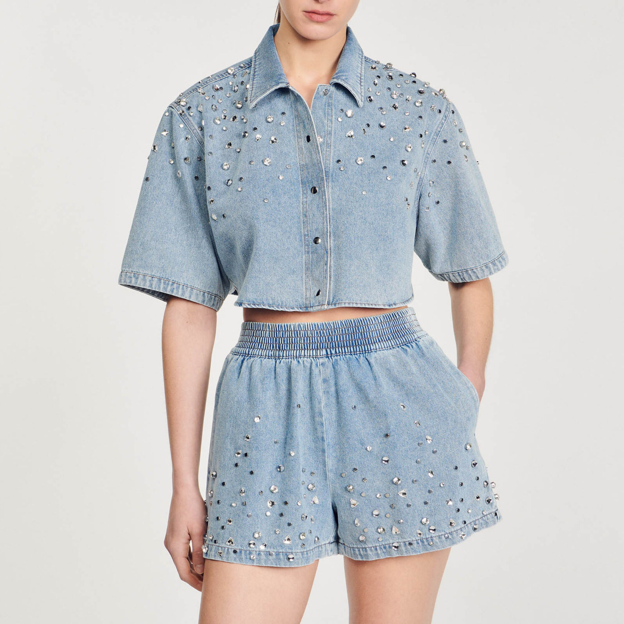Wijd short van denim met stras