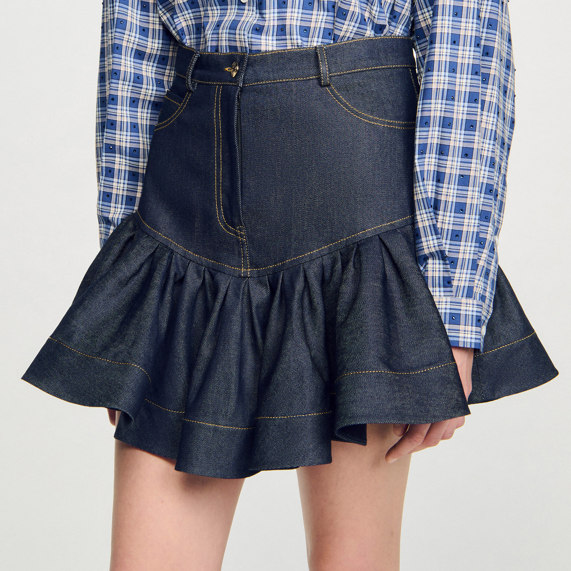 Korte denim rok met volants