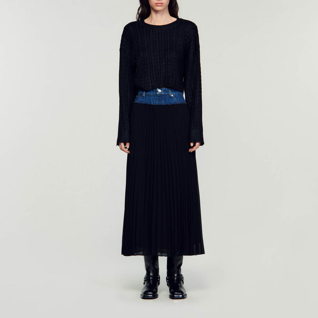 Lange plooirok met denim