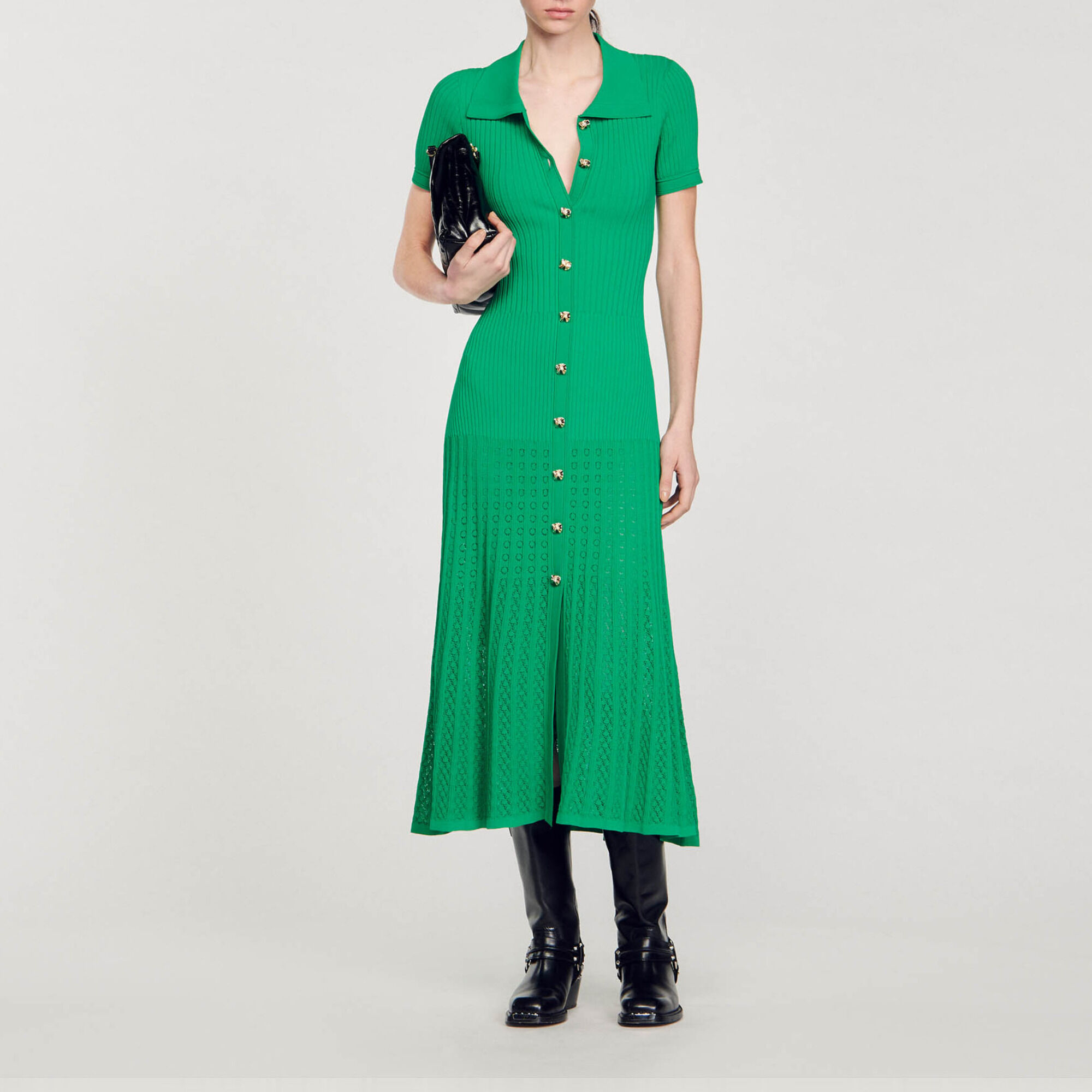 Lange jurk van ribtricot groen voor dames Sandro Paris