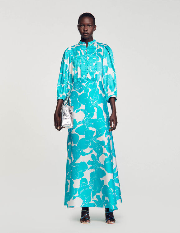 Lange jurk soepelvallend bloemenprint Turquoise / Blanc Femme