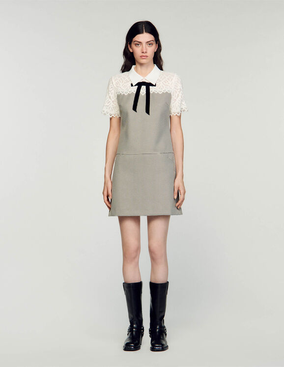 Korte jurk van twee materialen Noir / Blanc Femme