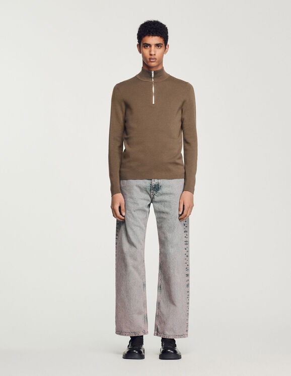 Wool sweater with zipped collar Kaki Homme