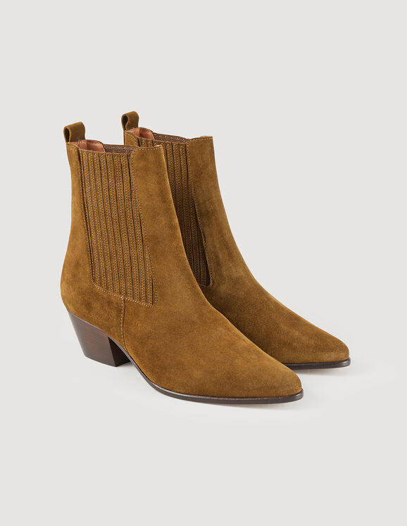 Leather ankle boots with elastic Kaki Femme